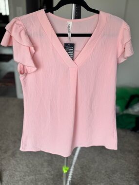 Women’s Pink Ruffle Sleeve V-Neck Top